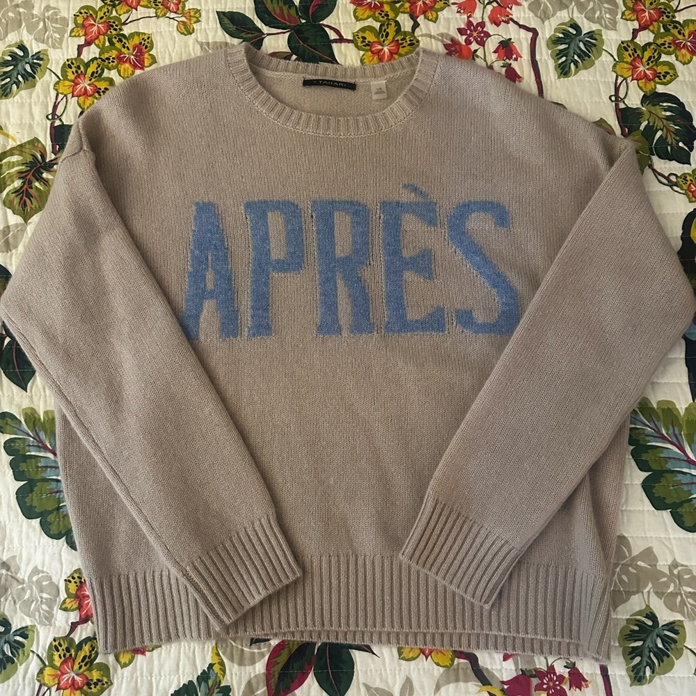 Tahari 100% Cashmere Taupe Colored Sweater with Blue 'APRÈS' Design